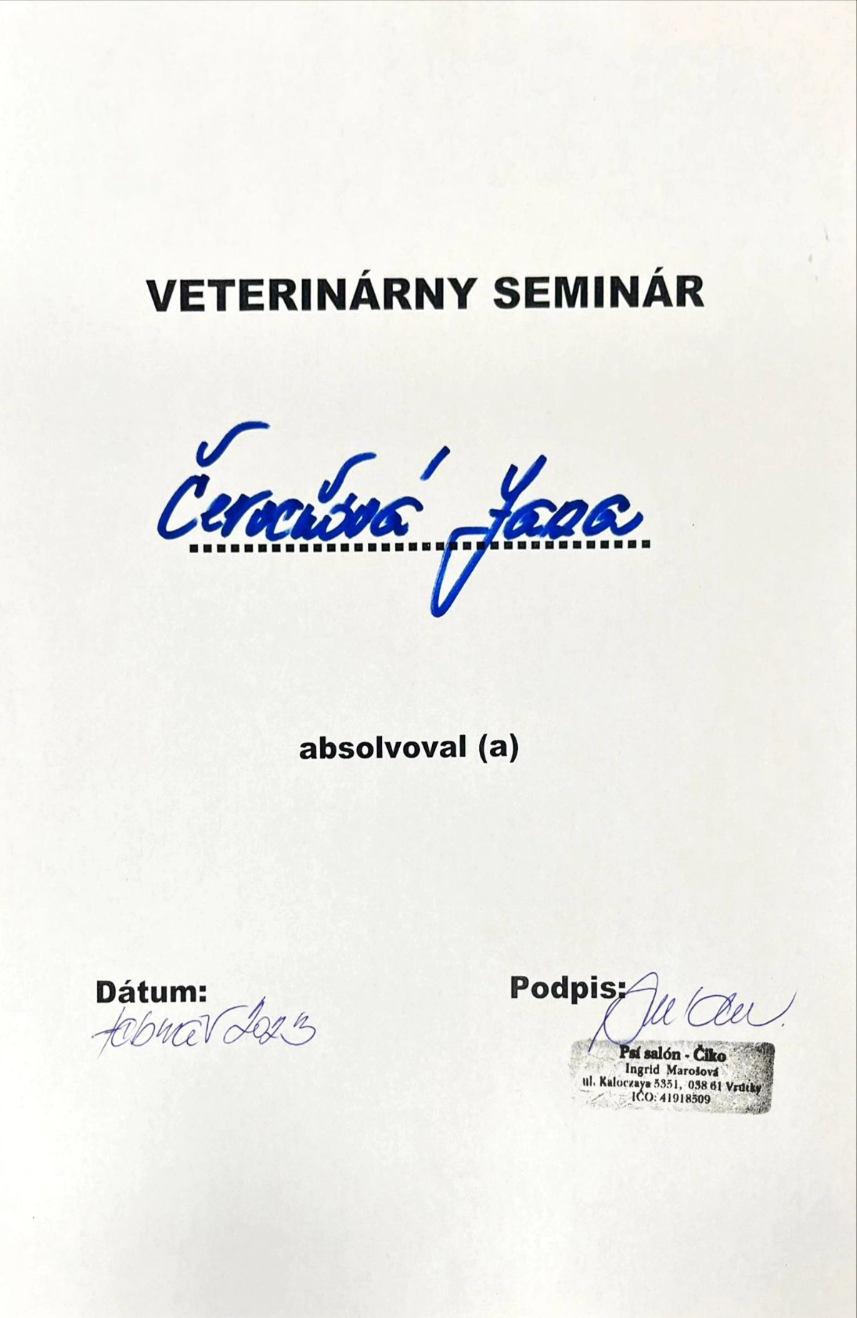 Certifikát - seminár